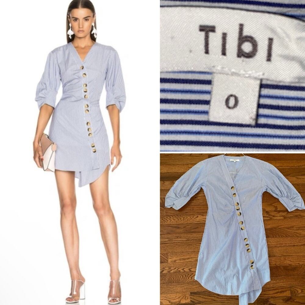 Revolve TIBI Jones Asymmetrical Shirt Dress in Blue striped size 0 EUC